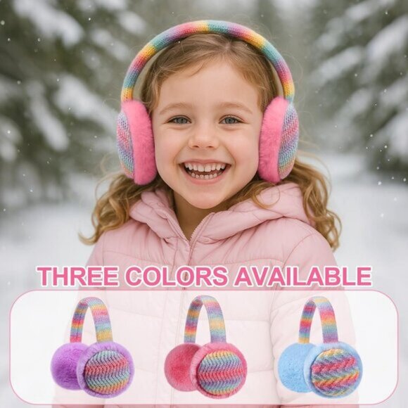 ⚡Kid Rainbow Pink Knitted Rainbow Winter Outdoor Plush Adjustable Warm Ear Muffs - Picture 2 of 7